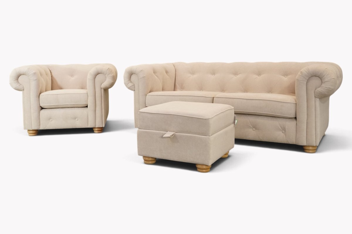 Bellaire 3 Seater Chesterfield Sofa, Armchair & Footstool, Marl Cream