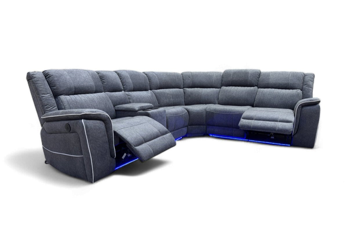 Power Reclining Corner Sofa Silver Fabric with LED Lights Neon