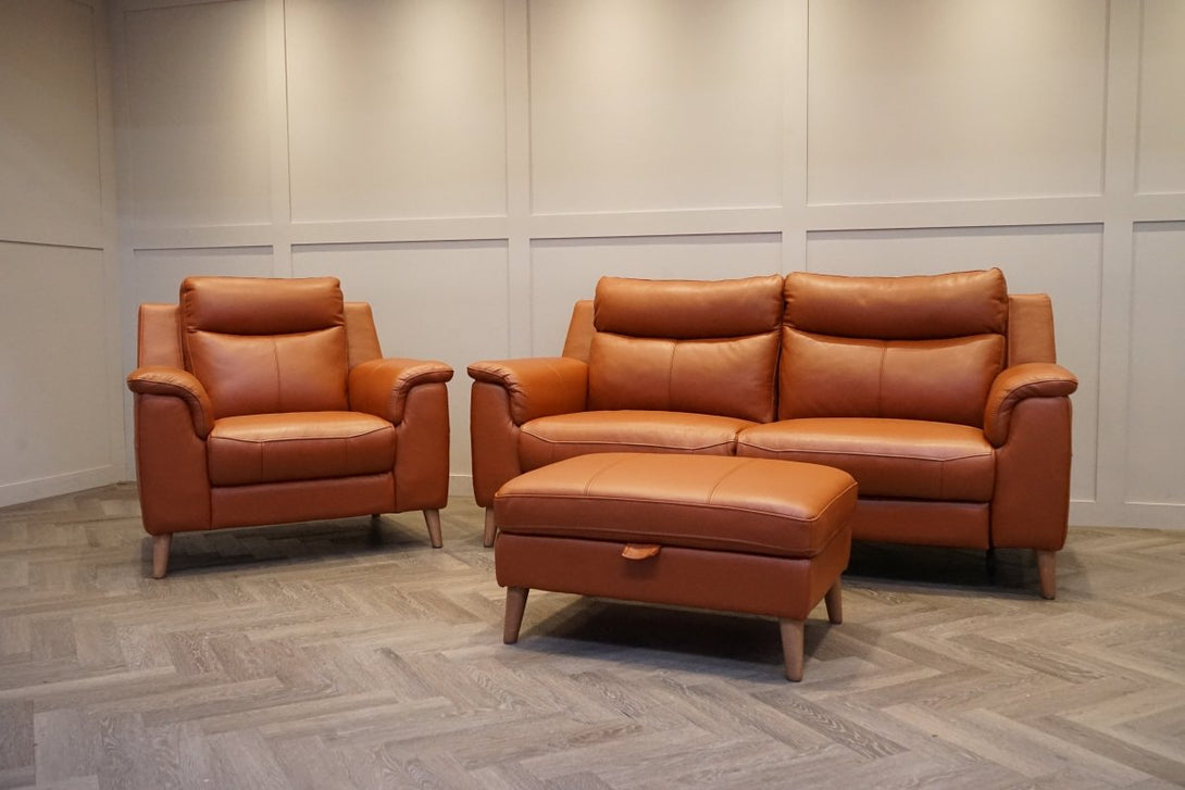Brodie 3 Seater Power Recliner Sofa, Armchair & Footstool, Tan Leather