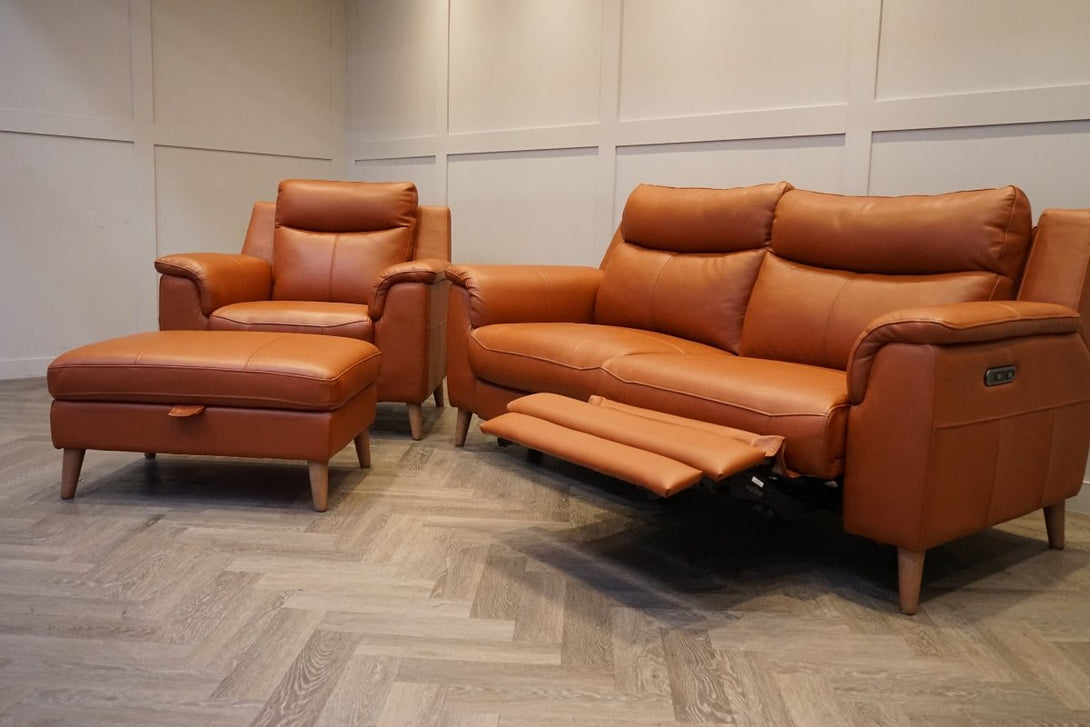 Brodie 3 Seater Power Recliner Sofa, Armchair & Footstool, Tan Leather