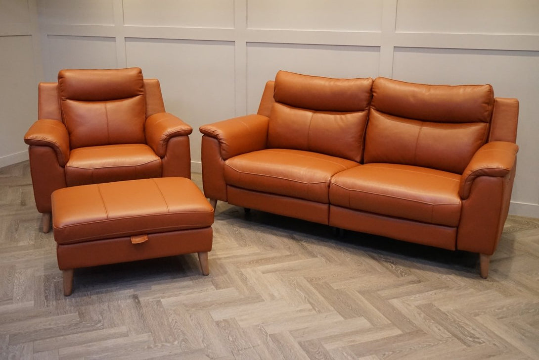 Brodie 3 Seater Power Recliner Sofa, Armchair & Footstool, Tan Leather