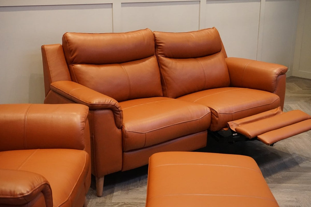 Brodie 3 Seater Power Recliner Sofa, Armchair & Footstool, Tan Leather