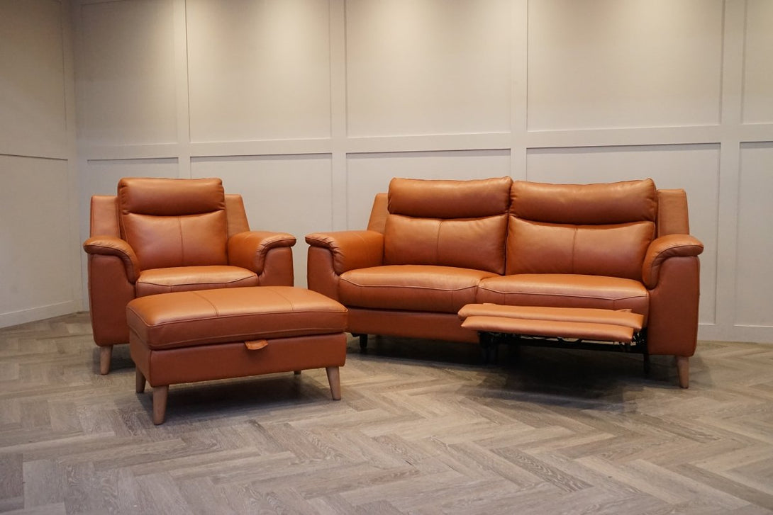 Brodie 3 Seater Power Recliner Sofa, Armchair & Footstool, Tan Leather