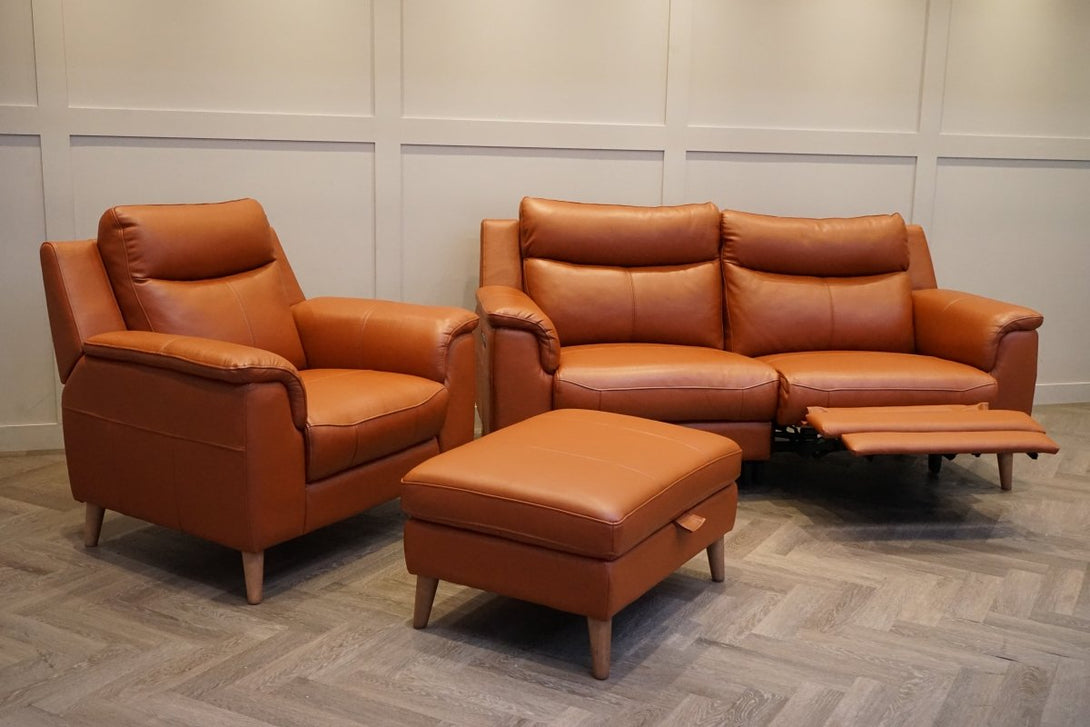 Brodie 3 Seater Power Recliner Sofa, Armchair & Footstool, Tan Leather