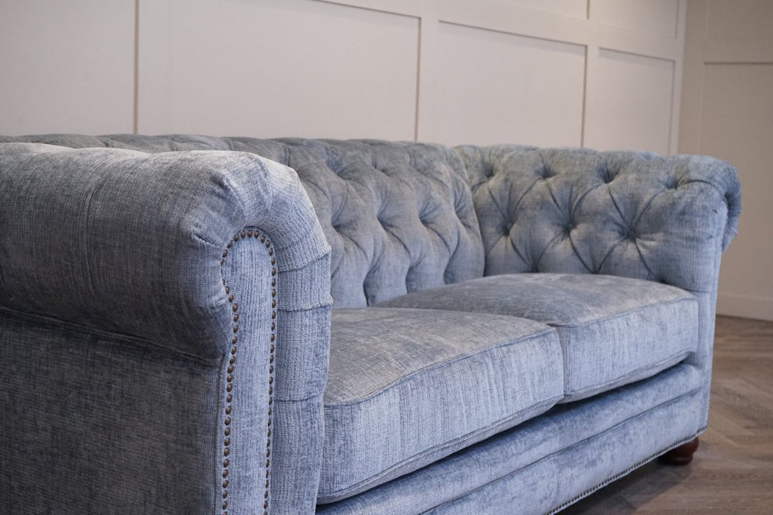 Charterhouse 2 Seater Chesterfield Fabric Sofa, Chenille Sky Blue