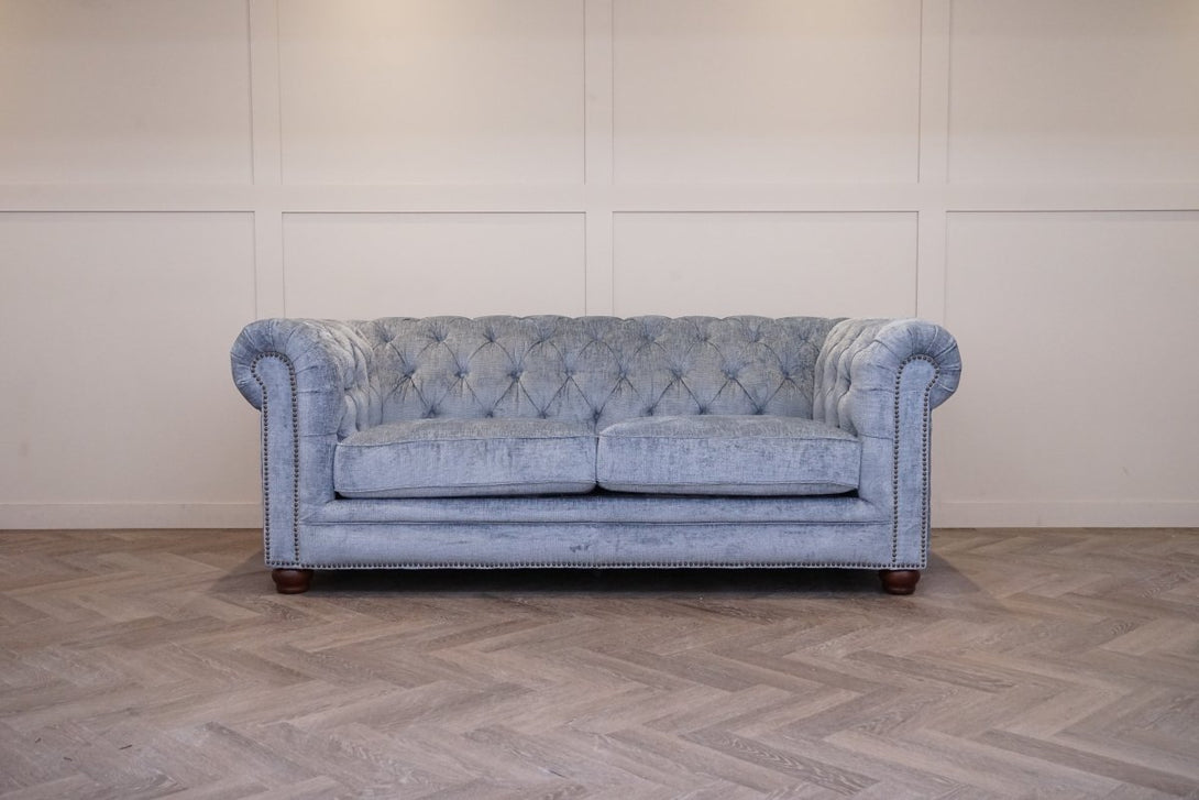 Charterhouse 2 Seater Chesterfield Fabric Sofa, Chenille Sky Blue