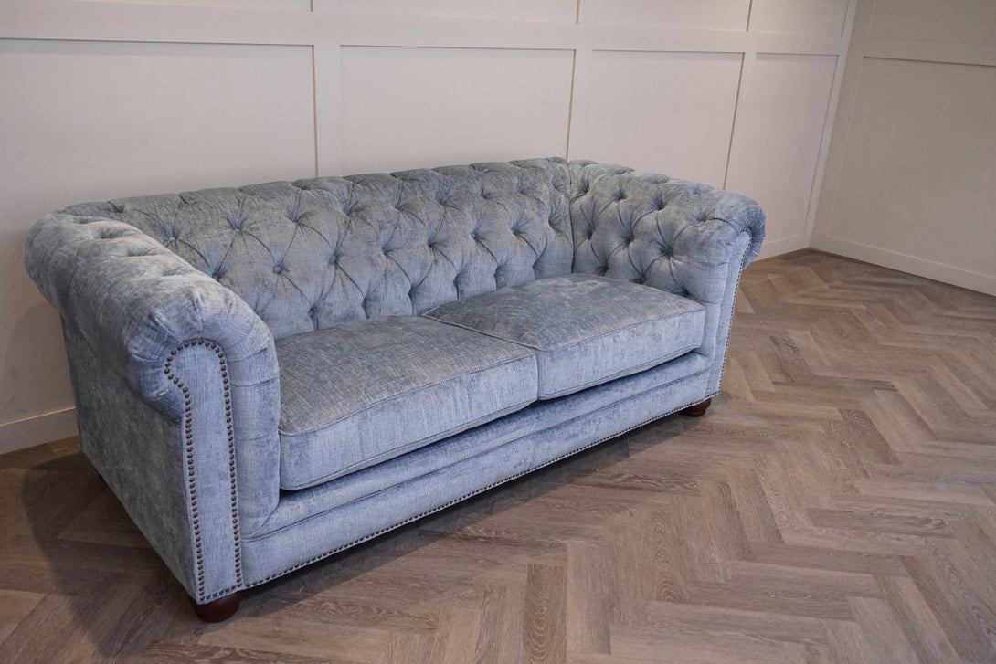 Charterhouse 2 Seater Chesterfield Fabric Sofa, Chenille Sky Blue