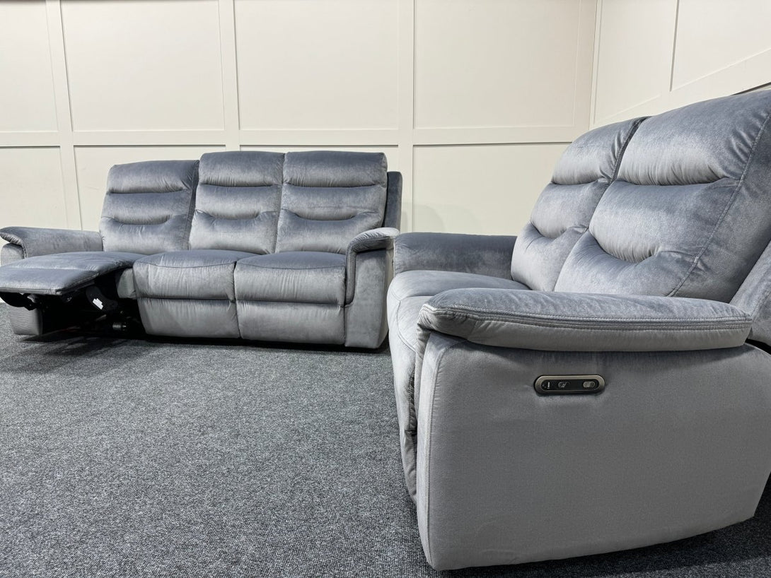 Chicago 3 Seater & 2 Seater Fabric Power Recliner Sofas, Silver