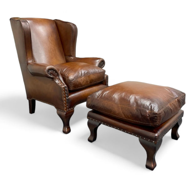 Compton Leather Wing Armchair & Footstool, Hand Antique