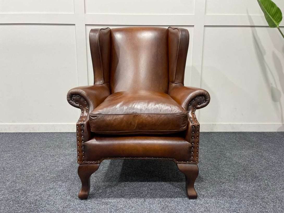 Compton Leather Wing Armchair & Footstool, Hand Antique
