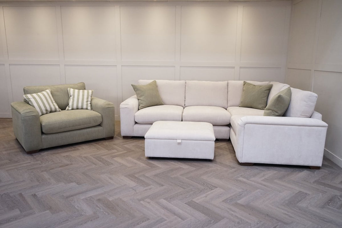 Cottage Large RHF Corner Sofa & Cuddle Chair, Dusky Natural/Green, FREE Footstool