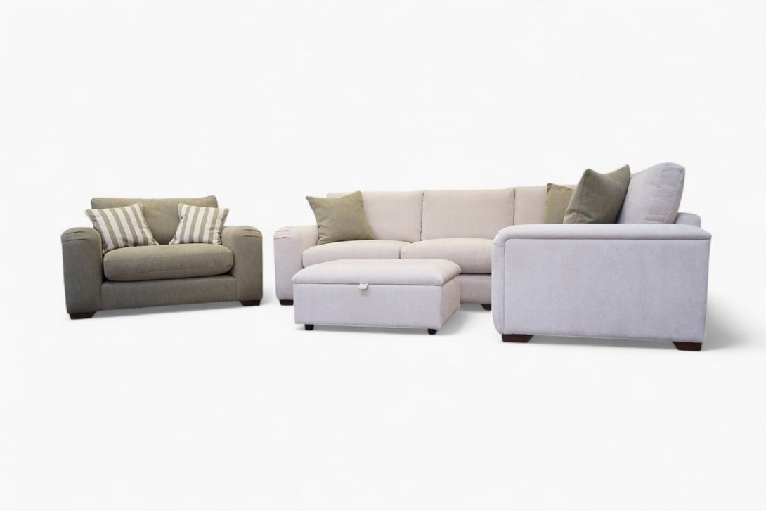 Cottage Large RHF Corner Sofa & Cuddle Chair, Dusky Natural/Green, FREE Footstool