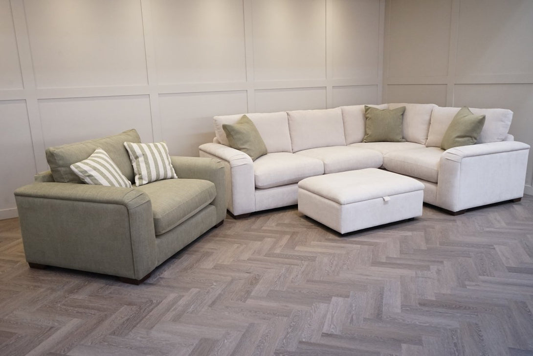 Cottage Large RHF Corner Sofa & Cuddle Chair, Dusky Natural/Green, FREE Footstool