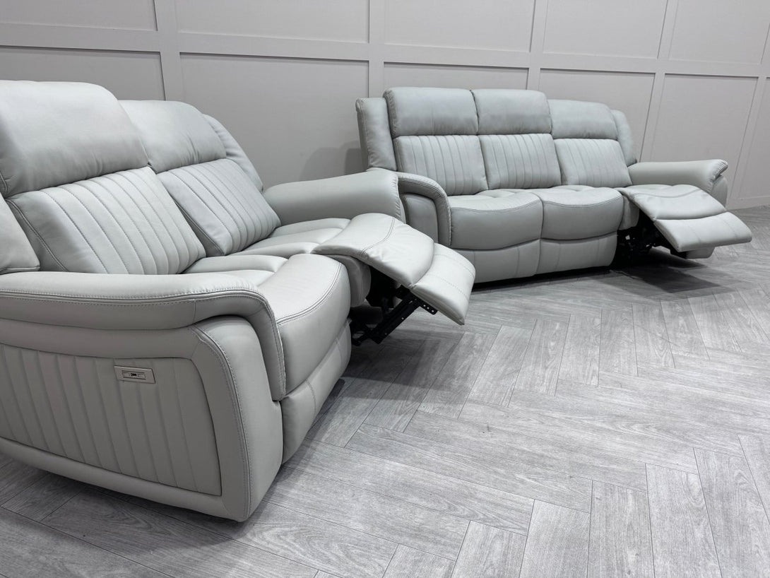 Domino Power Reclining 3 + 2 Seater Sofa, Grey Leather