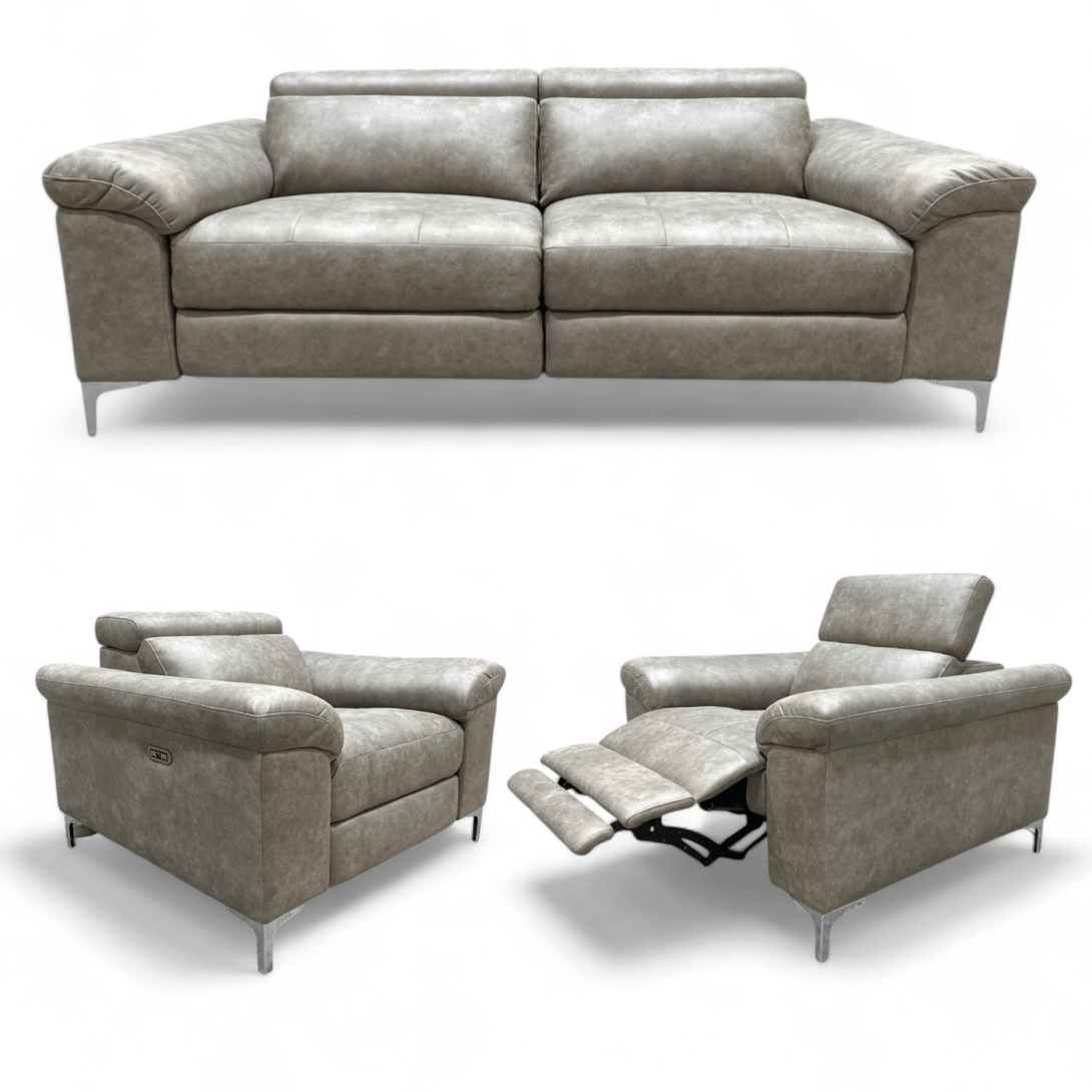 Elise 3 Seater Sofa & 2 x Armchairs - Power Recliners & Power Headrests, Mink Fabric