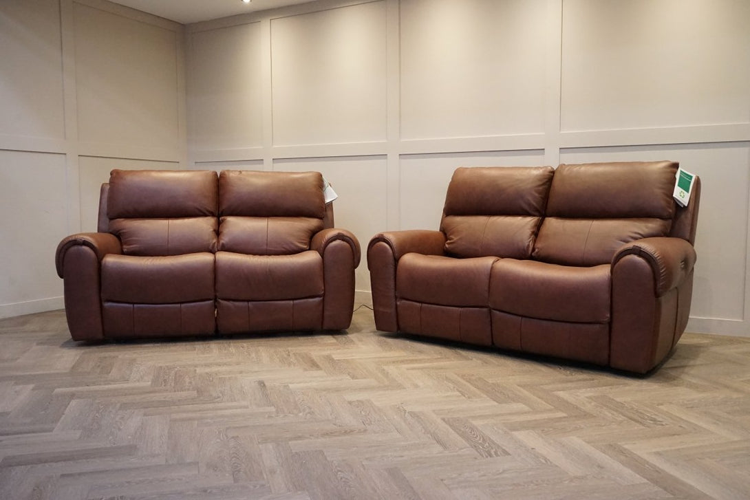 Ezra 2 Seater Recliner Sofa Set, Power Headrests, Chestnut Leather