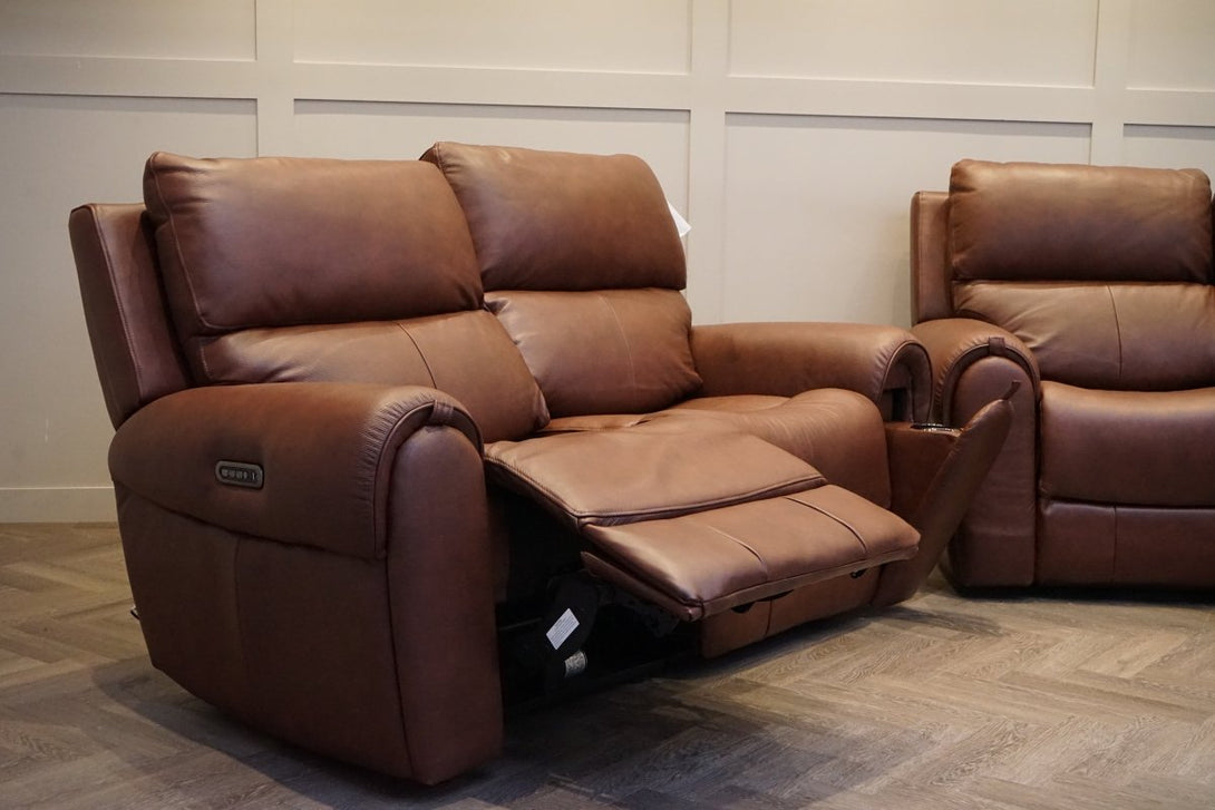 Ezra 2 Seater Recliner Sofa Set, Power Headrests, Chestnut Leather