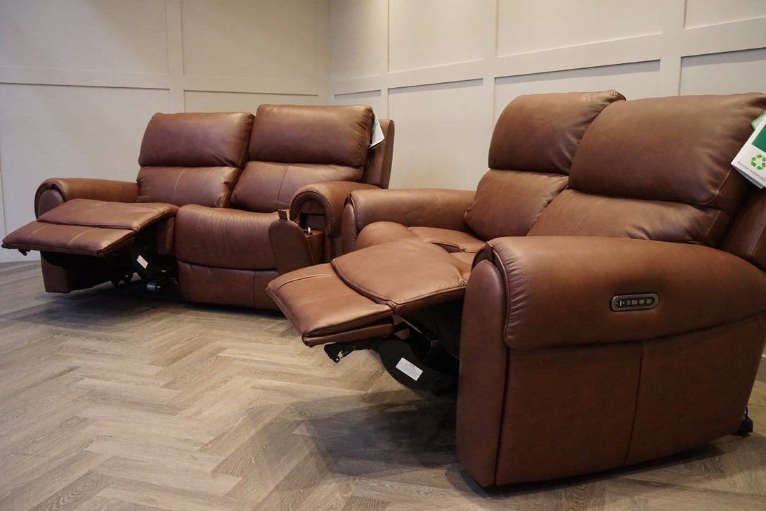 Ezra 2 Seater Recliner Sofa Set, Power Headrests, Chestnut Leather