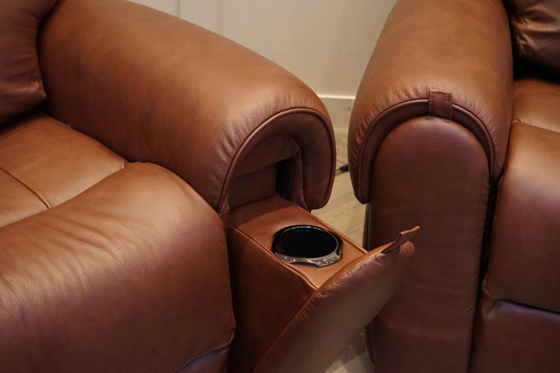 Ezra 2 Seater Recliner Sofa Set, Power Headrests, Chestnut Leather