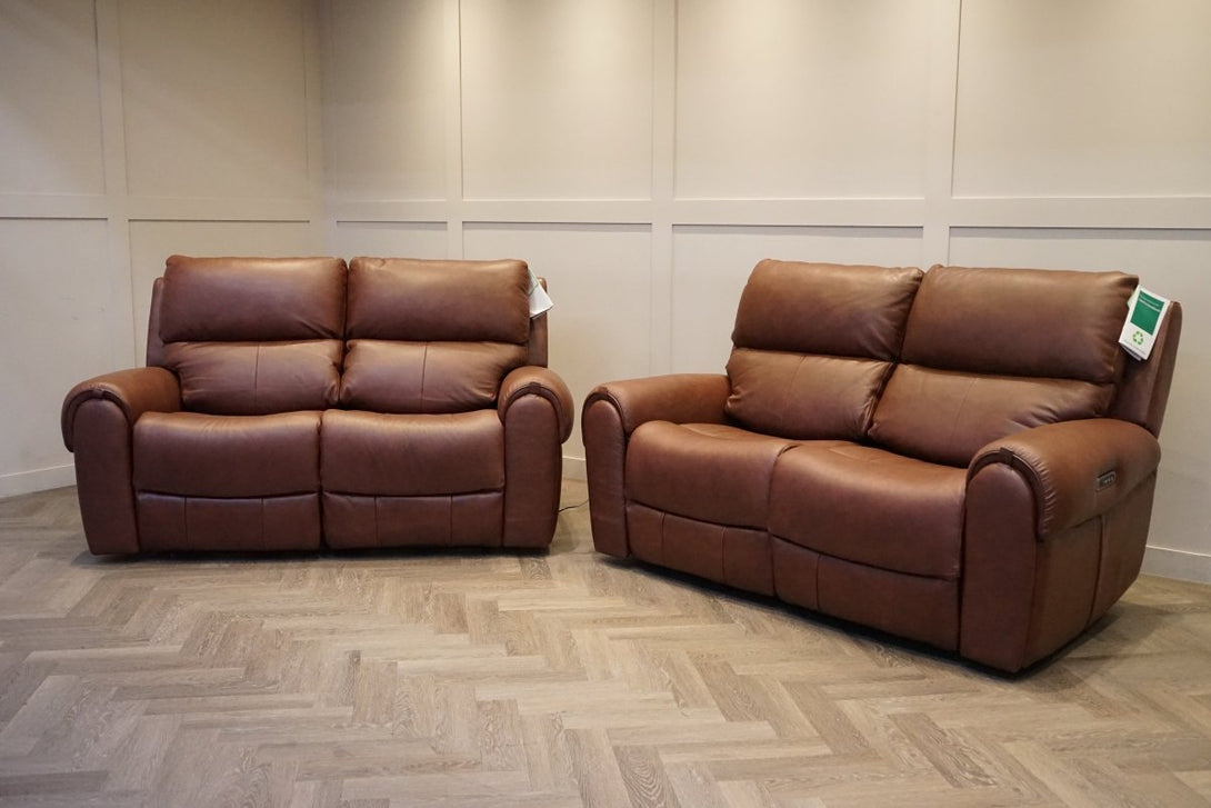 Ezra 2 Seater Recliner Sofa Set, Power Headrests, Chestnut Leather