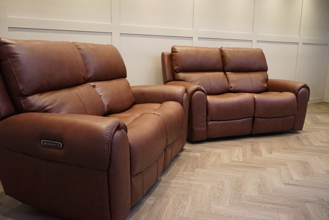 Ezra 2 Seater Recliner Sofa Set, Power Headrests, Chestnut Leather