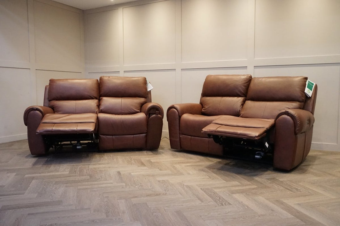 Ezra 2 Seater Recliner Sofa Set, Power Headrests, Chestnut Leather