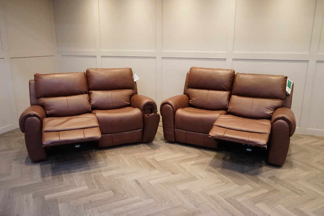 Ezra 2 Seater Recliner Sofa Set, Power Headrests, Chestnut Leather
