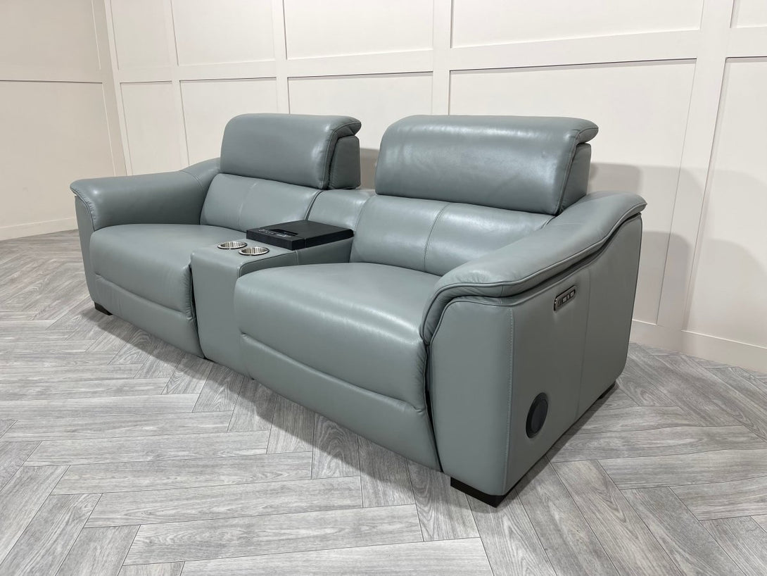 Illinois 3 Seater Leather Power Recliner Sofa with Fridge, Cloud Blue Grey