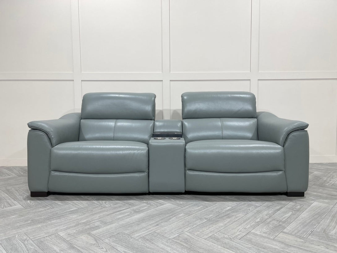 Illinois 3 Seater Leather Power Recliner Sofa with Fridge, Cloud Blue Grey