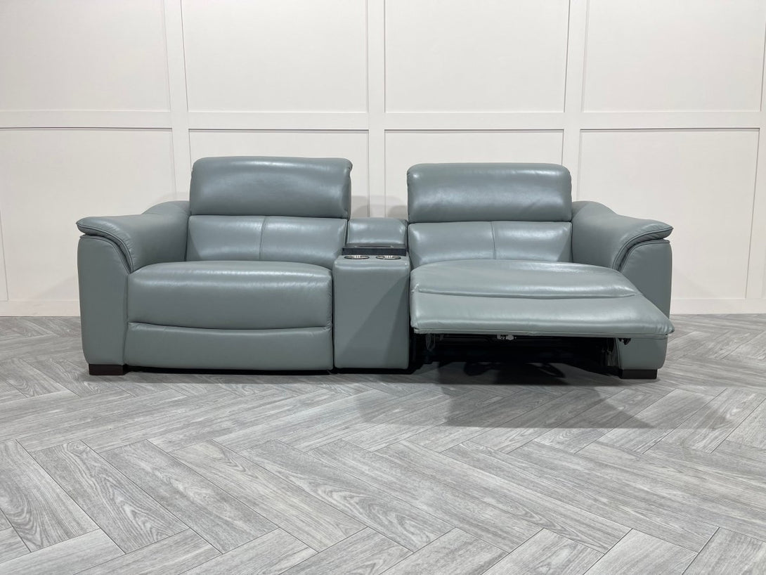 Illinois 3 Seater Leather Power Recliner Sofa with Fridge, Cloud Blue Grey