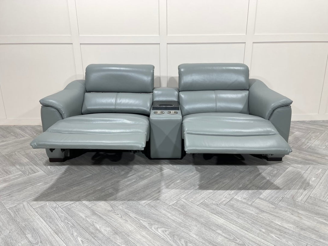 Illinois 3 Seater Leather Power Recliner Sofa with Fridge, Cloud Blue Grey