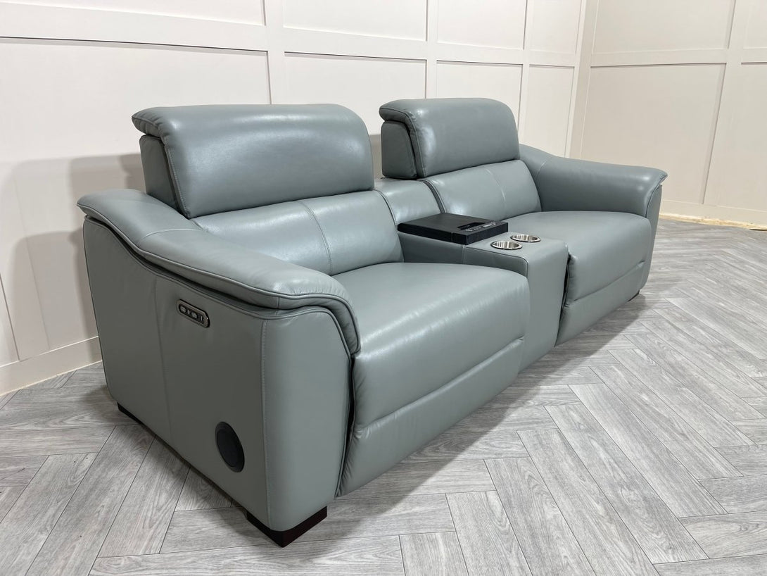 Illinois 3 Seater Leather Power Recliner Sofa with Fridge, Cloud Blue Grey