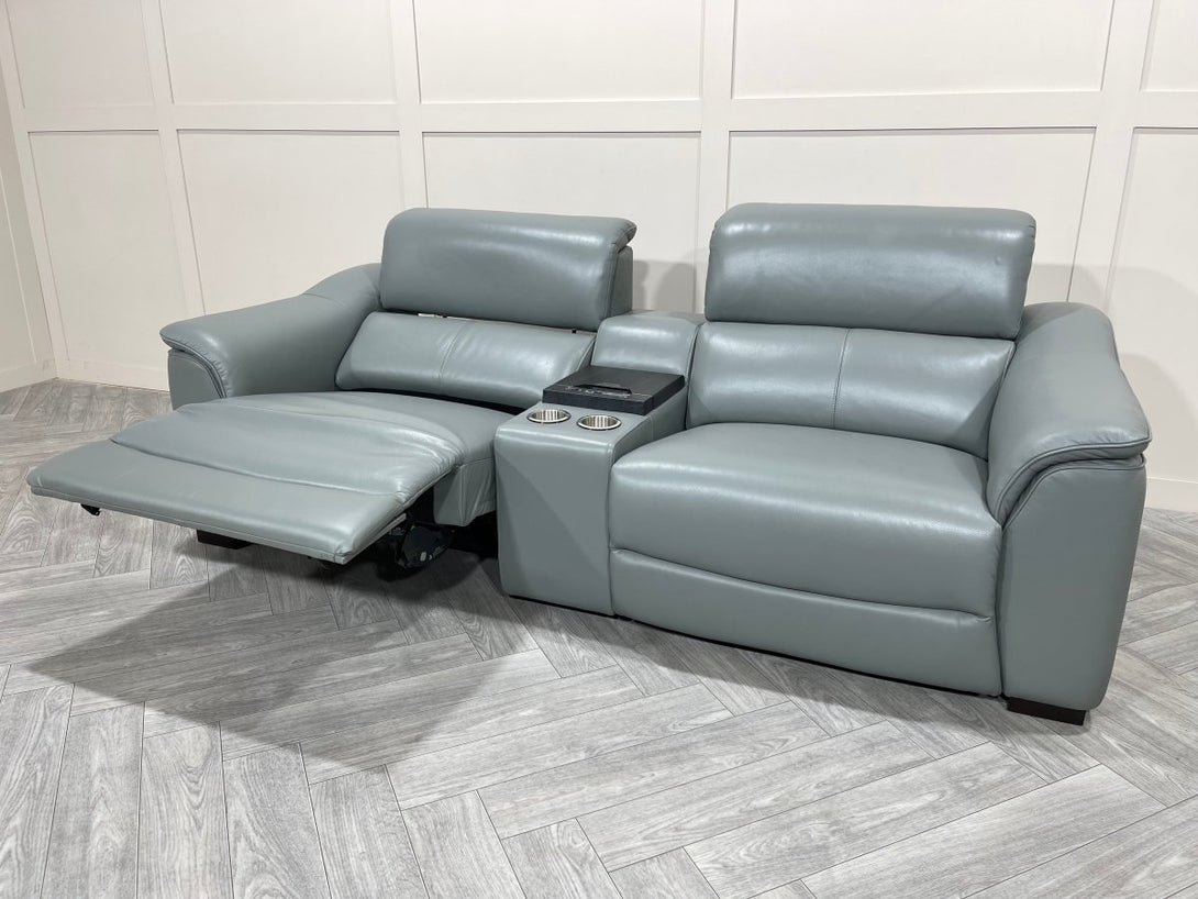 Illinois 3 Seater Leather Power Recliner Sofa with Fridge, Cloud Blue Grey