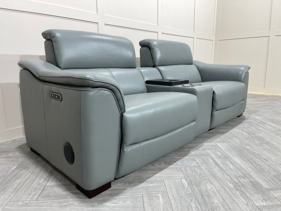 Illinois 3 Seater Leather Power Recliner Sofa with Fridge, Cloud Blue Grey