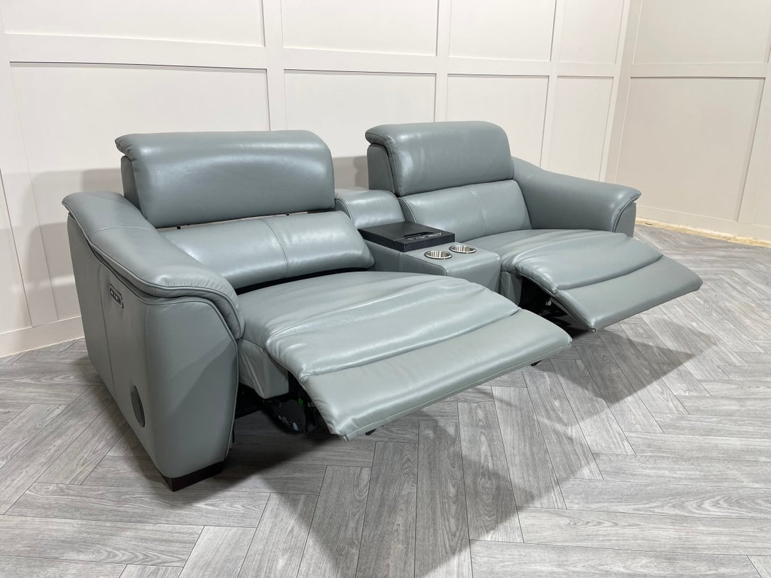 Illinois 3 Seater Leather Power Recliner Sofa with Fridge, Cloud Blue Grey