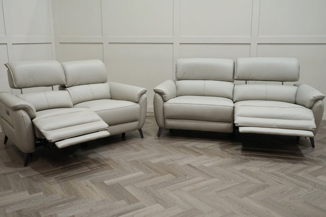 Jade 3 + 2 Seater Leather Power Reclining Sofa with Telescopic Headrests, Lead Grey
