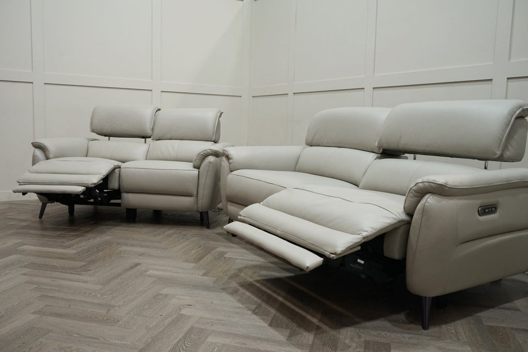 Jade 3 + 2 Seater Leather Power Reclining Sofa with Telescopic Headrests, Lead Grey