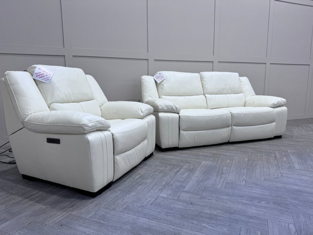 Living Fallon Leather 3 + 1 Seater Power Reclining Sofas, White