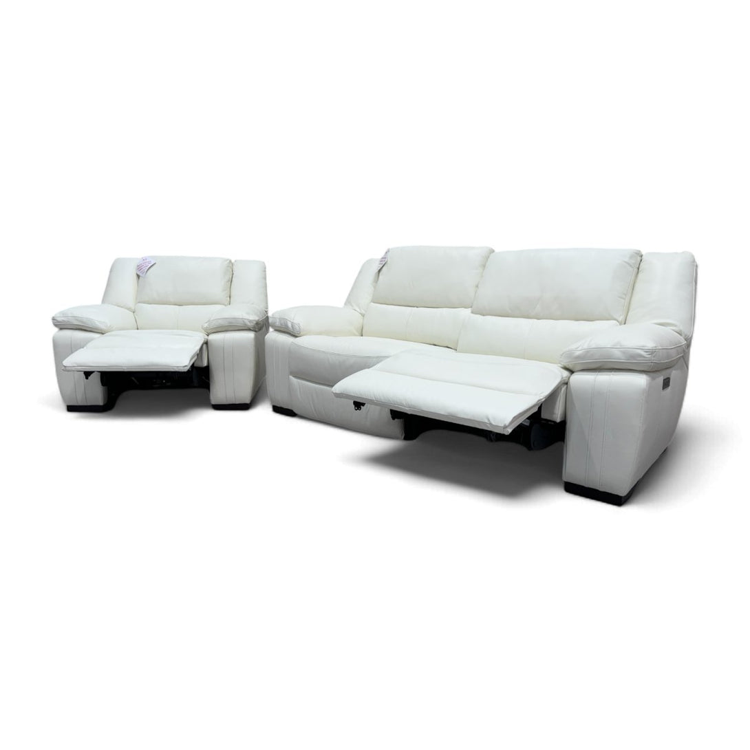 Living Fallon Leather 3 + 1 Seater Power Reclining Sofas, White