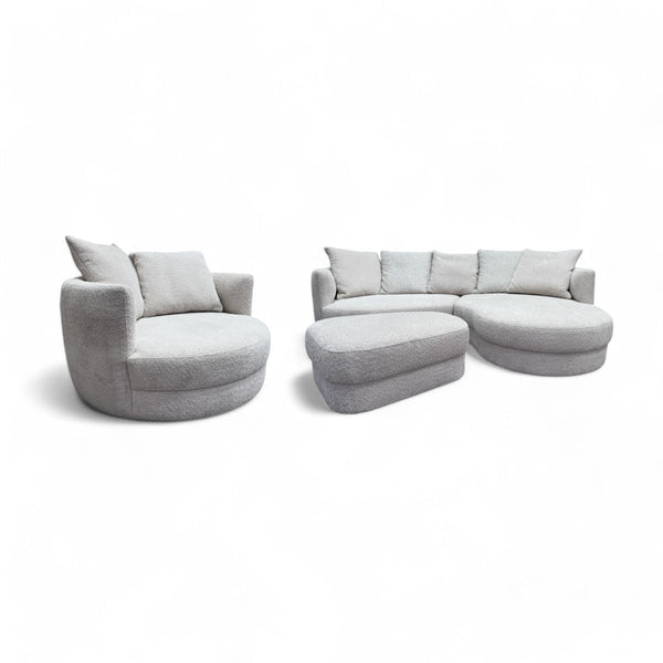 Lozenge 2.0 RHF Chaise End Sofa, Swivel Chair & Footstool, Twisted Boucle Putty