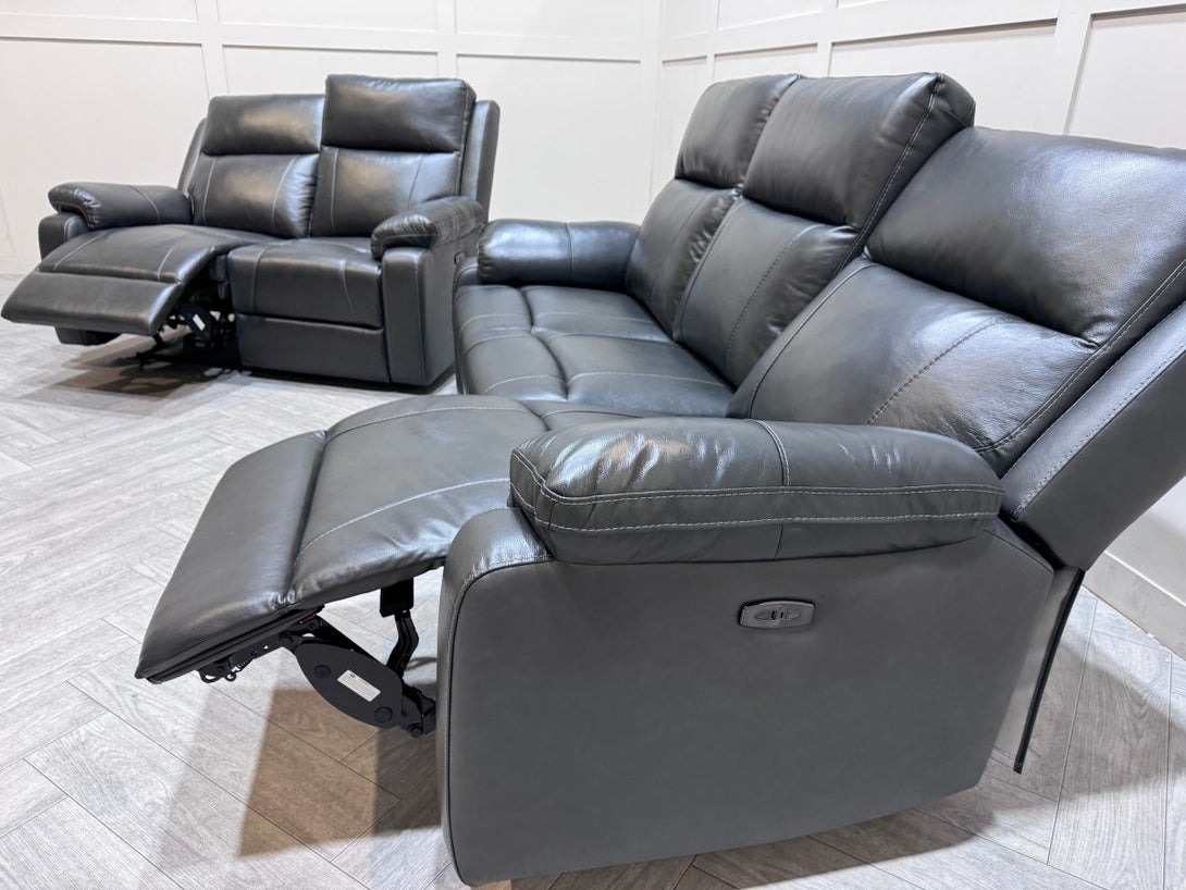 Moreno 3 + 2 Seater Leather Power Reclining Sofa, Charcoal