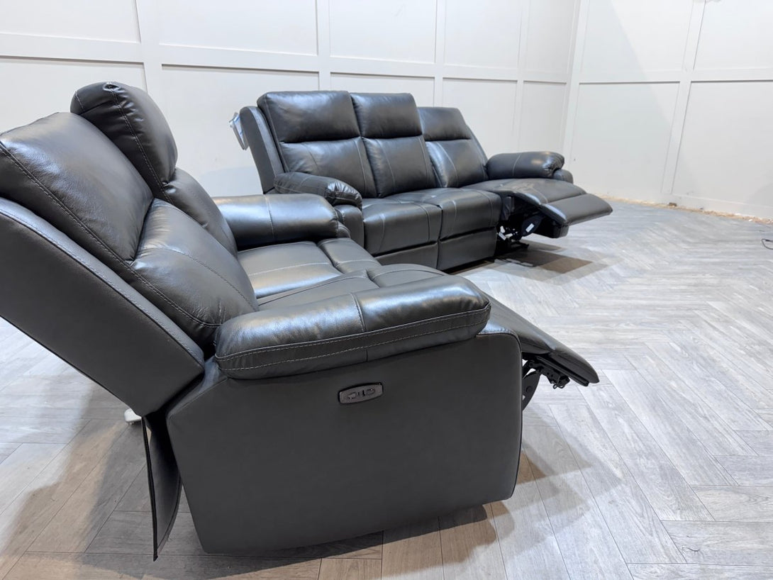 Moreno 3 + 2 Seater Leather Power Reclining Sofa, Charcoal