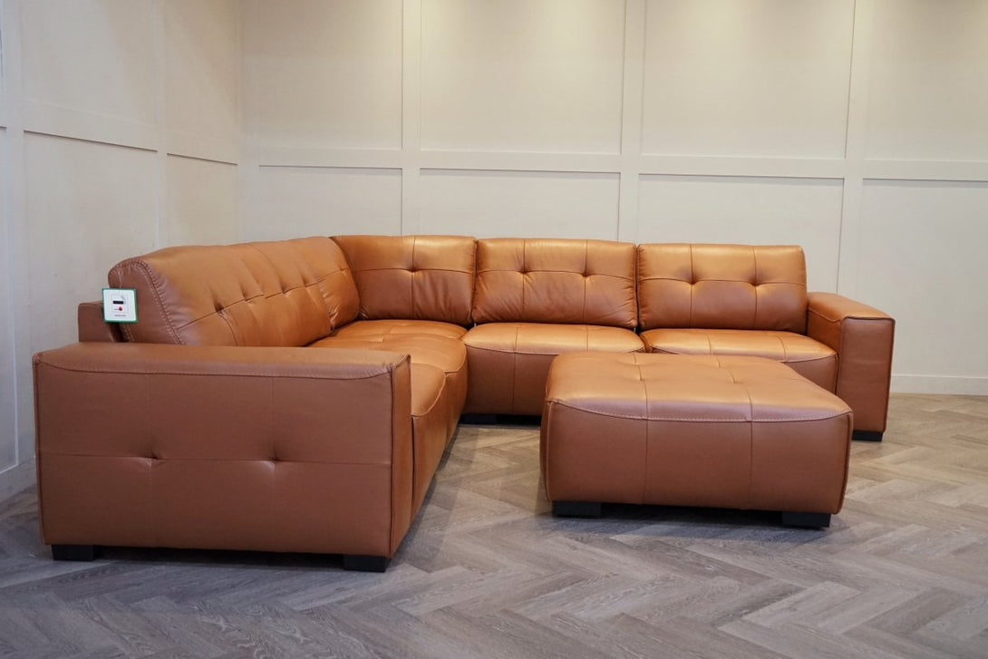 Portofino Large Modular Leather Corner Sofa & Footstool, Chestnut