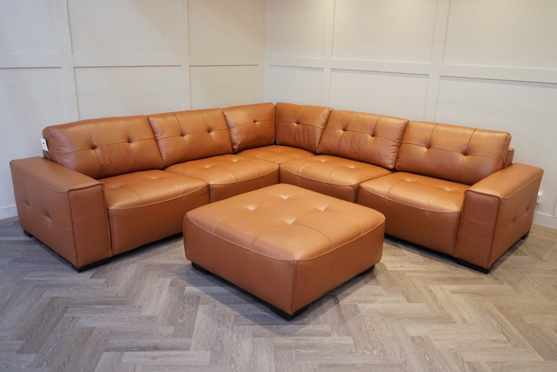Portofino Large Modular Leather Corner Sofa & Footstool, Chestnut