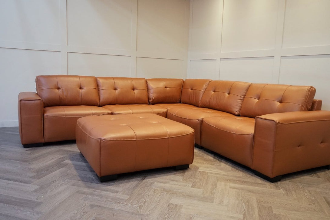 Portofino Large Modular Leather Corner Sofa & Footstool, Chestnut