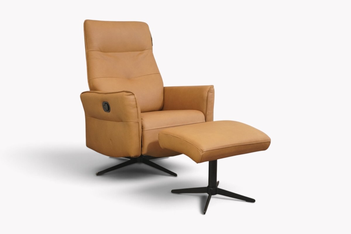 Relaxed Recliner Armchair & Footstool, Tan Leather