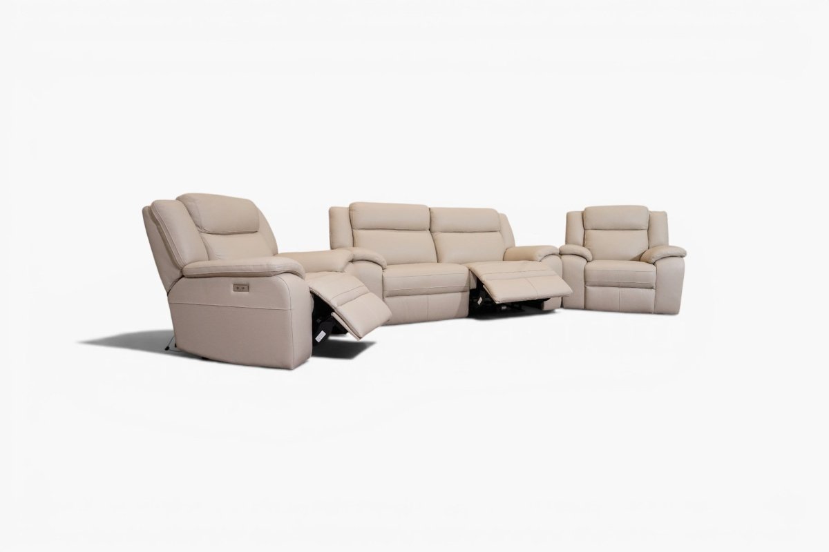 Sarsina Leather Power Reclining 3 Seater Sofa & 2 x Armchairs, Macadamia Pearl Grey