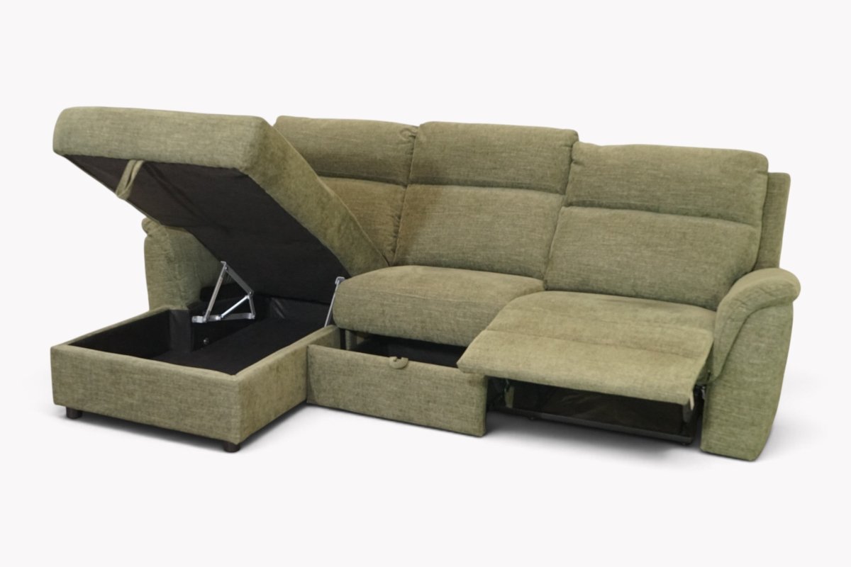 Sogliano 3 Seater Manual Recliner Sofa With Drawer & Storage Chaise, Chenille Green