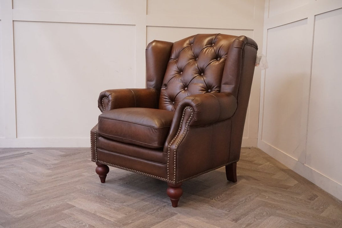 Ullswater Leather Buttoned Wing Armchair, Vintage Whisky