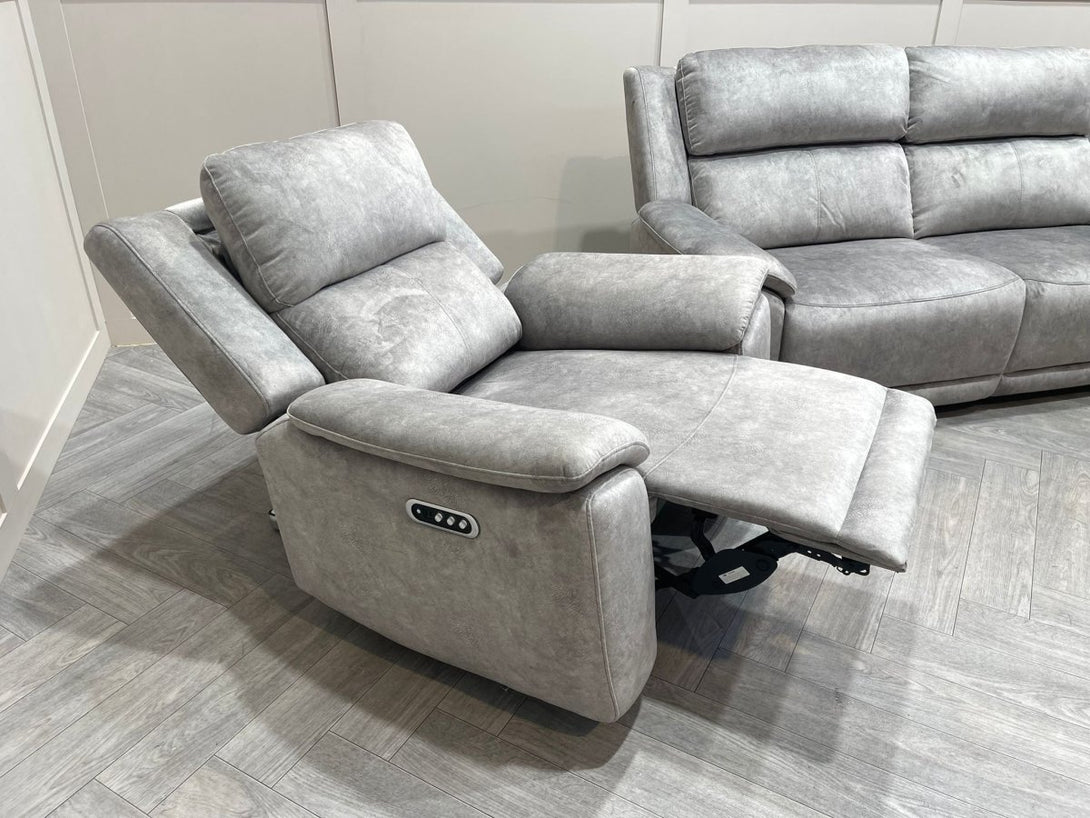 Utah Power Reclining 3 Seater Sofa & Armchair - Power Lumber/Headrests - Silver Grey